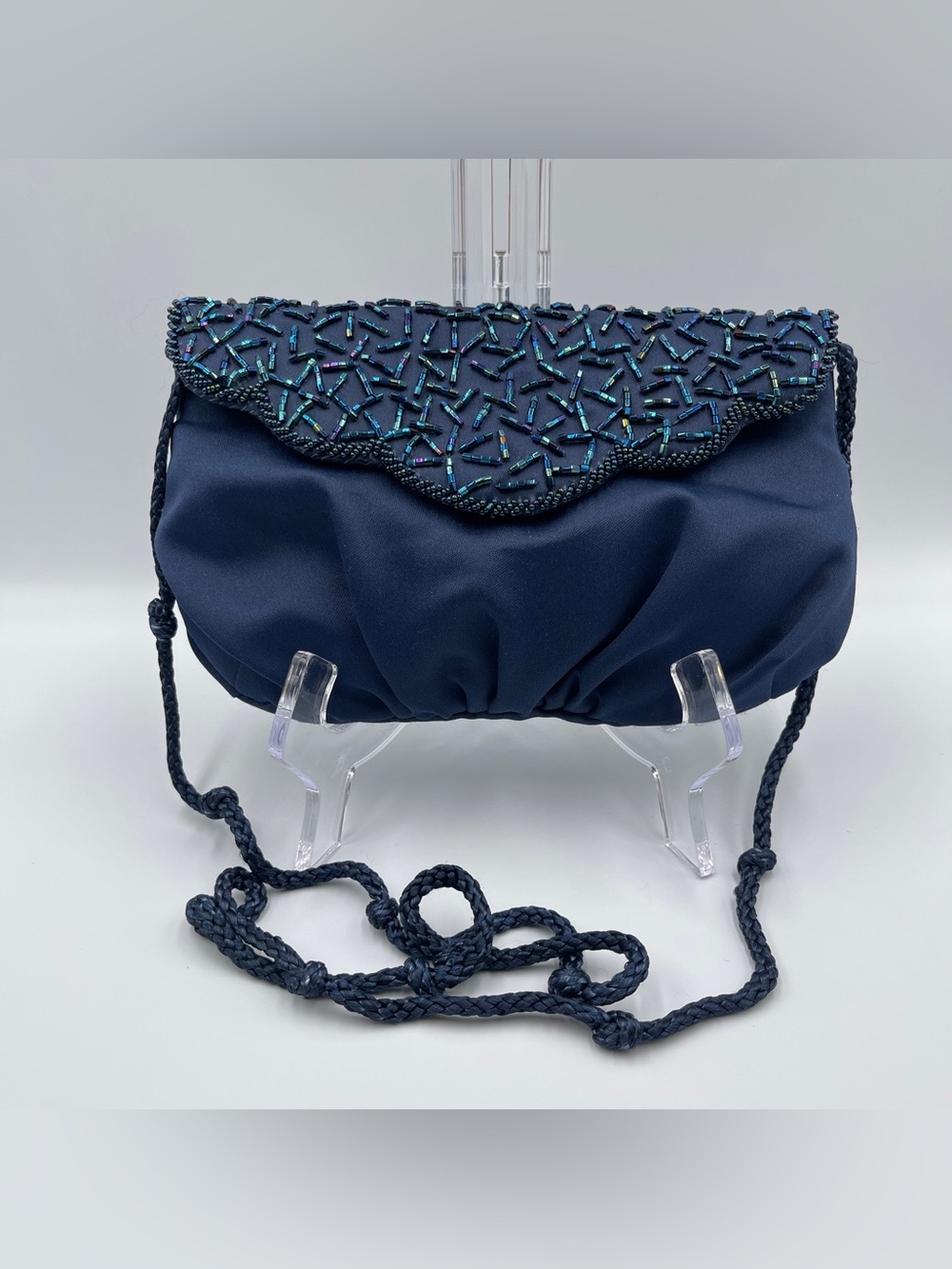 Walborg Vintage Blue Beaded Satin With Scalloped Flap Design Evening Purse
